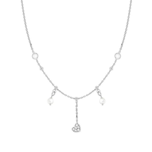 Collana Catena Forzatina Diamantata con Perle Cuore e Cubic Zirconia Bianchi in ARGENTO 925 Galvanica Rodio