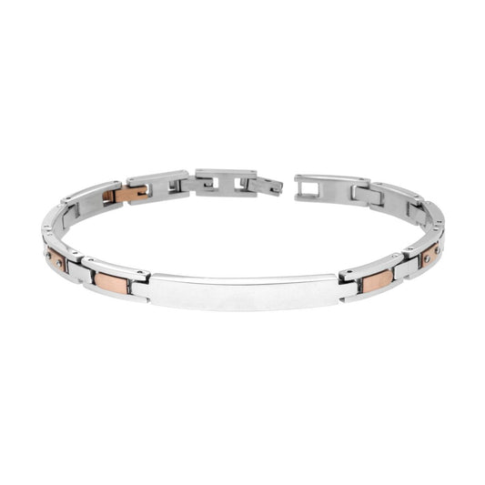 Bracciale Uomo Maglia Imperniata con Targa e dettagli Rosa in ACCIAIO