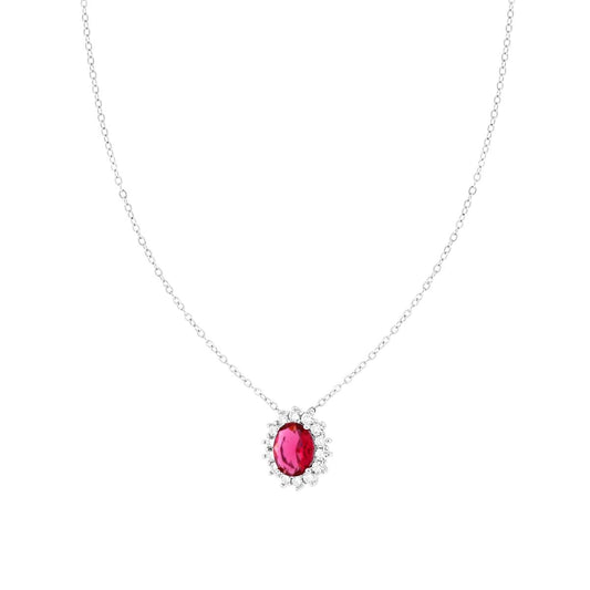 Collana Catena Forzatina Diamantata con Ovale Rosso Rubino contornato da Cubic Zirconia Bianchi in ARGENTO 925 Galvanica Rodio