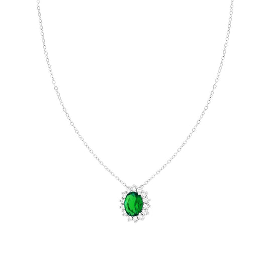 Collana Catena Forzatina Diamantata con Ovale Verde Smeraldo contornato da Cubic Zirconia Bianchi in ARGENTO 925 Galvanica Rodio