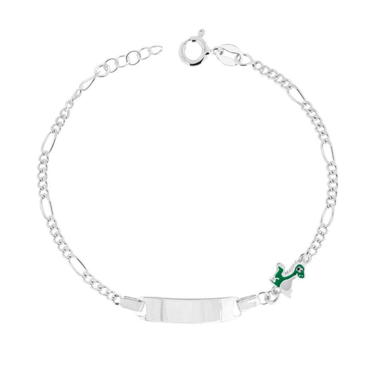 Bracciale Targa Bimbo Bimba Catena Figaro Alternata 3+1 e Dinosauro con Smalto Verde in ARGENTO 925