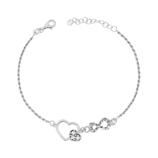 Bracciale Catena Corda Diamantata con Cuore Infinito e Cubic Zirconia Bianchi in ARGENTO 925 Galvanica Rodio