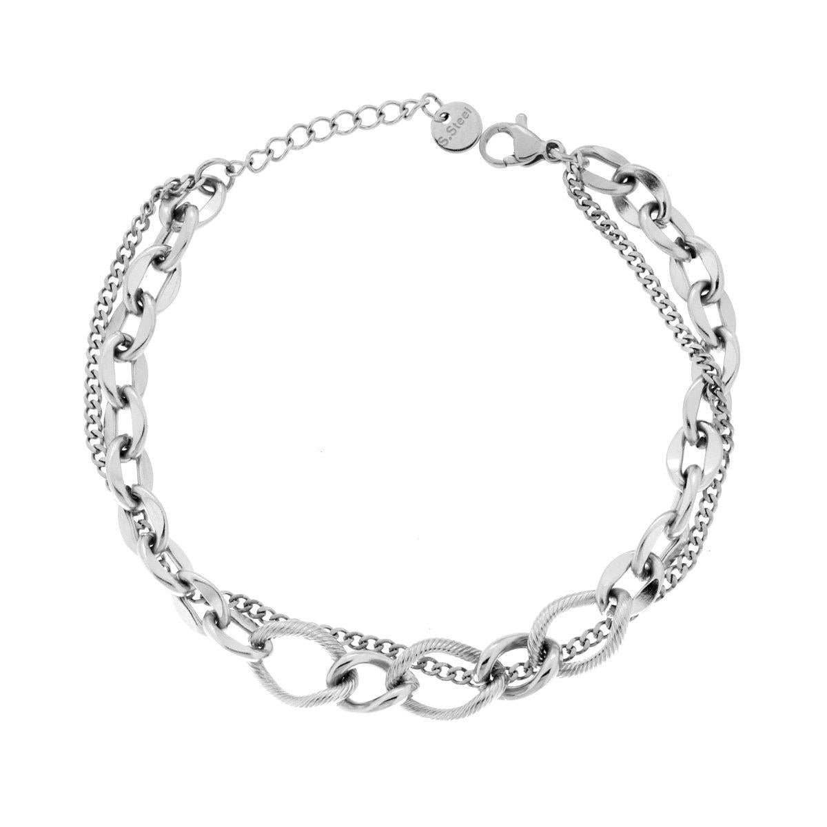 Bracciale due fili Catena Forzatina e Grumetta Diamantata in ACCIAIO