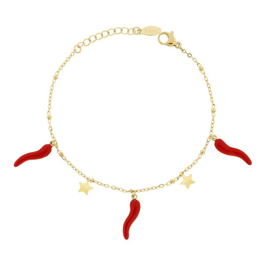 Bracciale Catena Forzatina con Stelle plain e Corni portafortuna smalto Rosso in ACCIAIO colore Oro