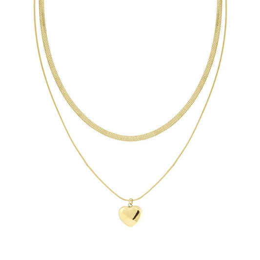 Collana doppia Catena Coda di Topo e Magik e Cuore Bombato Pendente in ACCIAIO colore Oro
