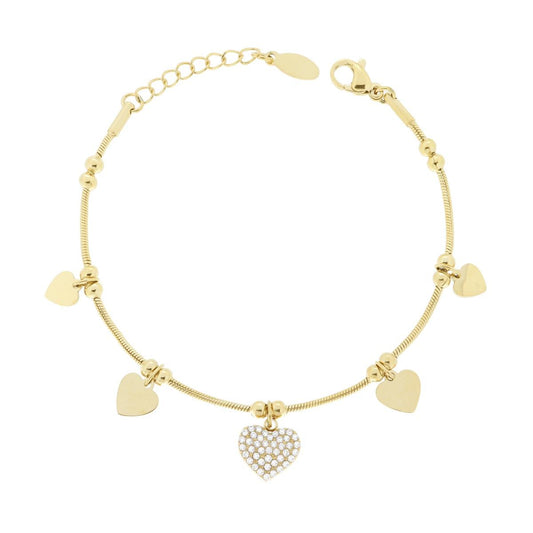 Bracciale Catena Coda di Topo con Cuori plain e Cuore Crystal Bianchi in ACCIAIO colore Oro