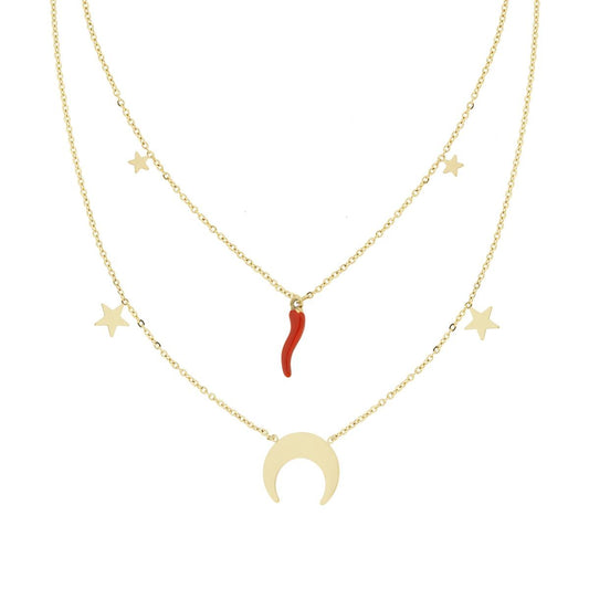 Collana due fili Catena Forzatina Luna Stelle plain e Corno smalto Rosso portafortuna in ACCIAIO colore Oro