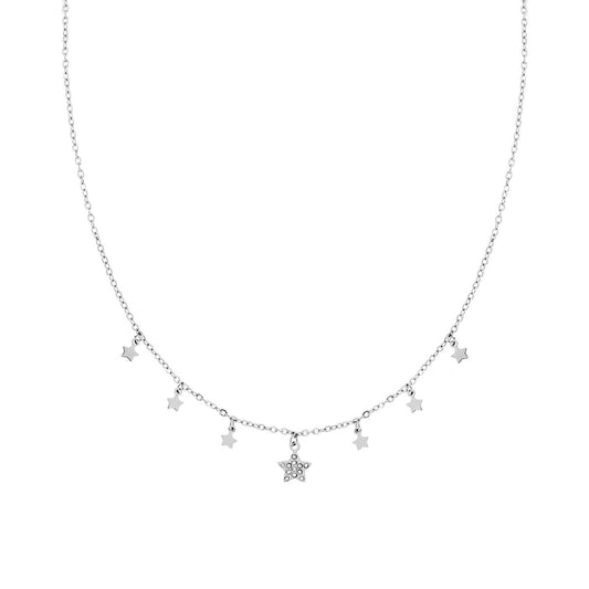 Collana Catena Forzatina con Stelle plain pendenti e Crystal Bianchi in ACCIAIO