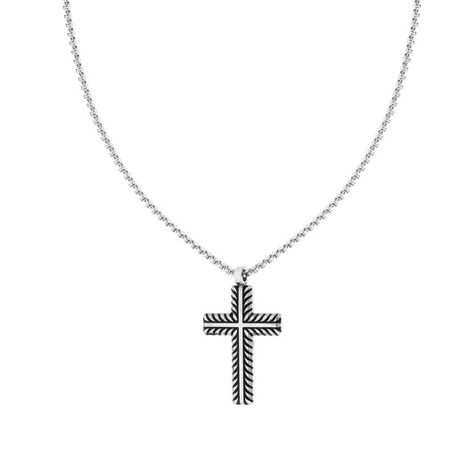 Collana Catena Veneziana tonda con Croce Treccia Brunita in ACCIAIO