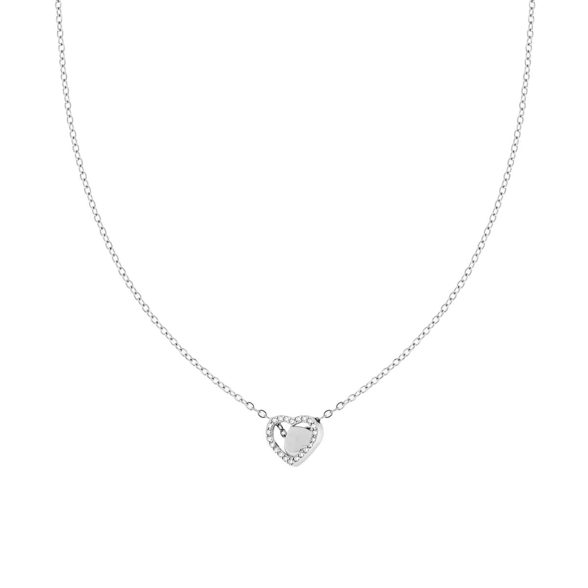 Collana Catena Forzatina Diamantata con doppio Cuore e Crystal Bianchi in ACCIAIO