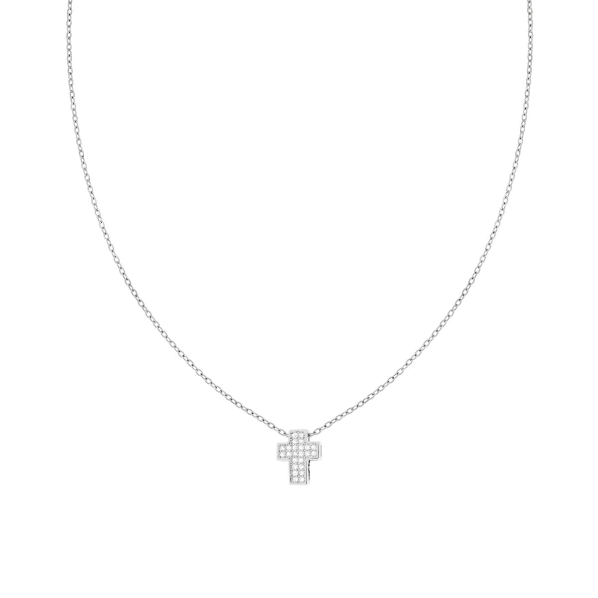 Collana Catena Forzatina Diamantata con Croce e Crystal Bianchi in ACCIAIO e OTTONE