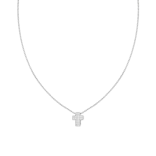 Collana Catena Forzatina Diamantata con Croce e Crystal Bianchi in ACCIAIO e OTTONE