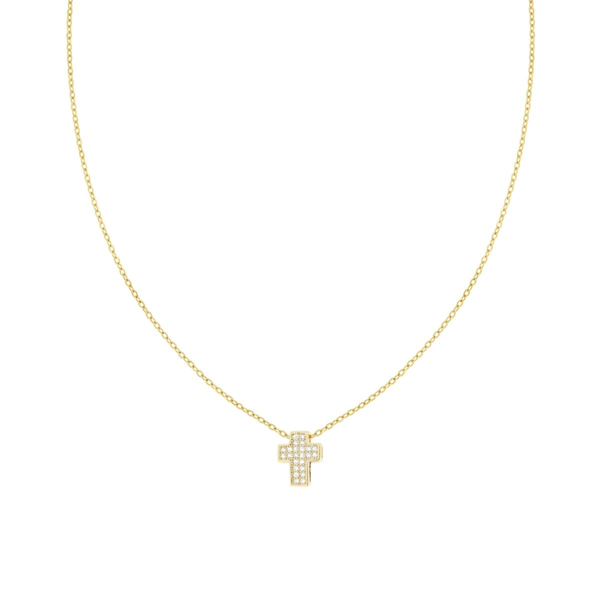 Collana Catena Forzatina Diamantata con Croce e Crystal Bianchi in ACCIAIO e OTTONE colore Oro