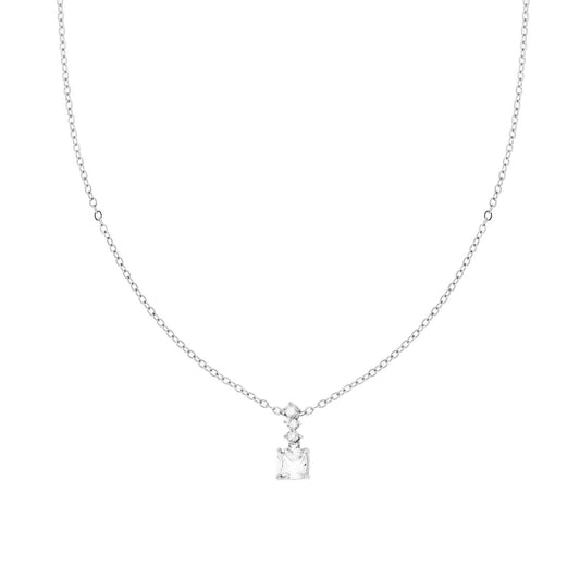 Collana Catena Forzatina Diamantata con Punto Luce Quadrato e Crystal Bianchi in ACCIAIO e OTTONE