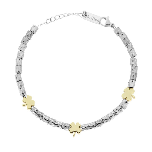 Bracciale Catena con Cilindri Martellati e Quadrifogli colore Oro in ACCIAIO
