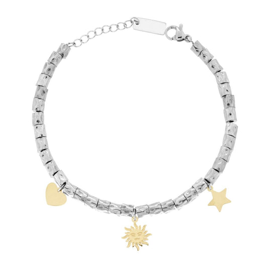 Bracciale Catena con Cilindri Martellati e Sole Cuore e Stella colore Oro in ACCIAIO