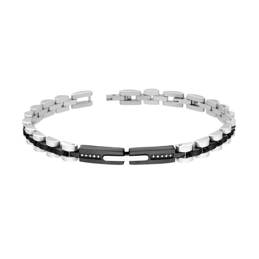 Bracciale Uomo Catena Imperniata con Targa Nera e Crystal Bianchi in ACCIAIO
