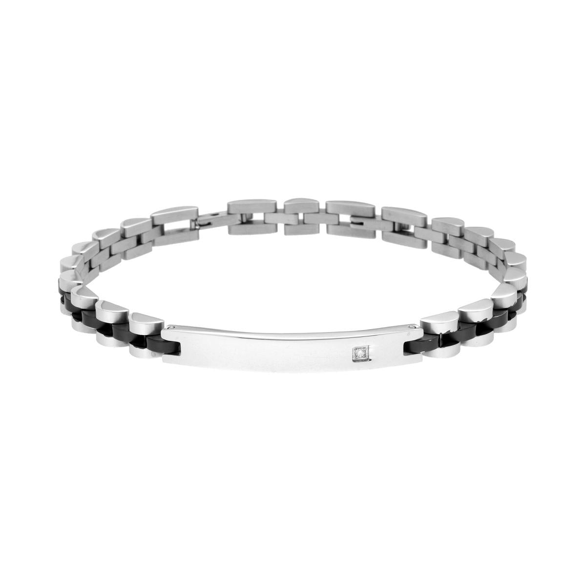 Bracciale Uomo Catena Imperniata con Maglia Nera e Targa con Crystal Bianco in ACCIAIO