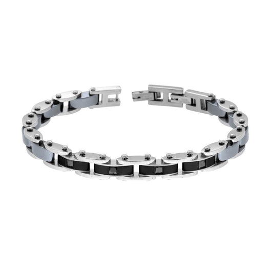 Bracciale Uomo Catena Imperniata Satinata colore Nero con Ceramica Grigio Antracite e Crystal Neri Carre in ACCIAIO