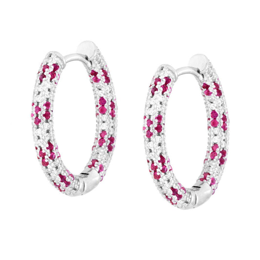 Orecchini Cerchio Creola con Cubic Zirconia Rosso Rubino e Bianchi in ARGENTO 925 Galvanica Rodio