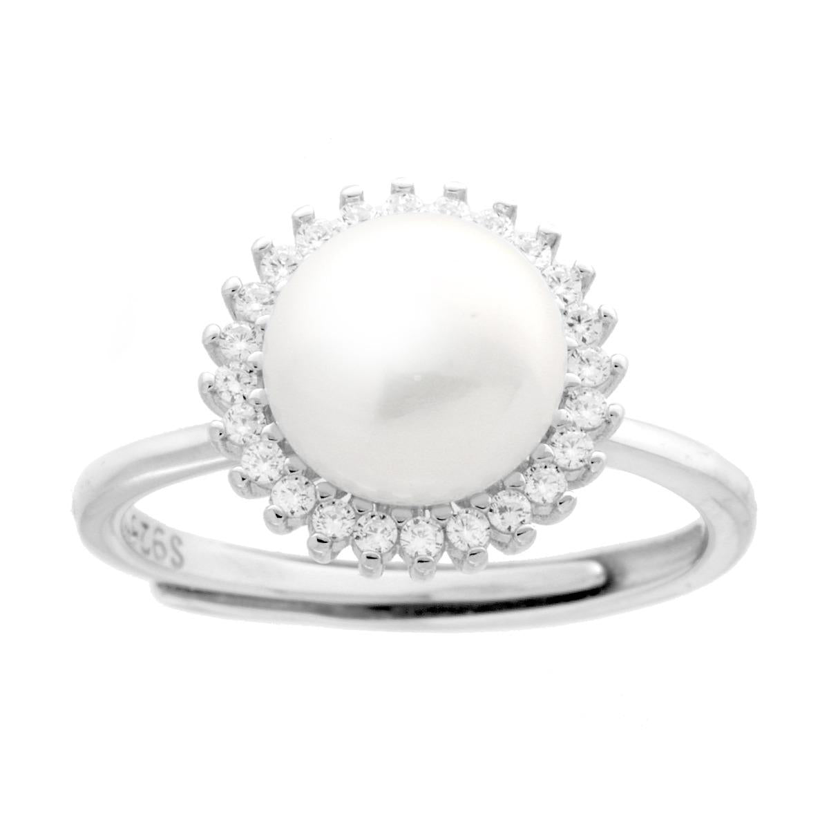 Anello Perla contornata da Cubic Zirconia Bianchi in ARGENTO 925 Galvanica Rodio