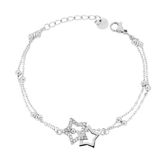 Bracciale due fili Catena Forzatina Diamantata con Stelle e Crystal Bianchi in ACCIAIO