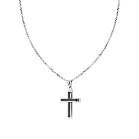 Collana Catena Veneziana Tonda con Croce con Inserto color Nero in ACCIAIO