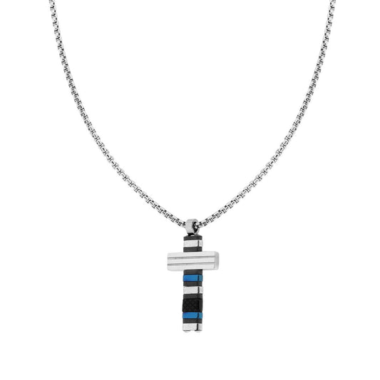 Collana Catena Veneziana Tonda con Croce con Dettagli colore Blu e Nero in ACCIAIO