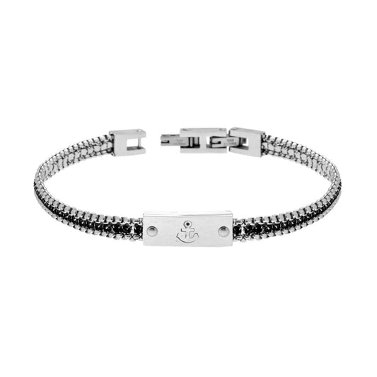 Bracciale Uomo Catena Veneziana Tonda con Tennis Crystal Neri e Targa con Ancora in ACCIAIO