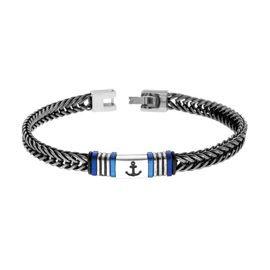 Bracciale Uomo Catena Spiga con Targa Ancora e Accessori Blu in ACCIAIO Brunito
