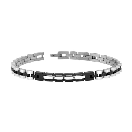 Bracciale Uomo Catena Imperniata colore Nero con Targa Traforata e Crystal Neri in ACCIAIO
