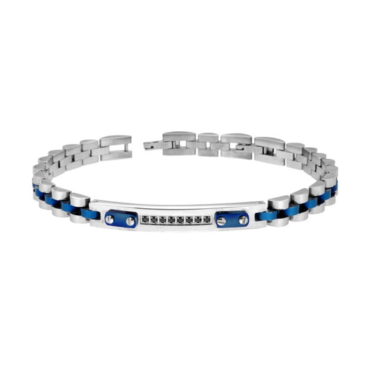 Bracciale Uomo Catena Imperniata colore Blu con Targa e Crystal Neri in ACCIAIO