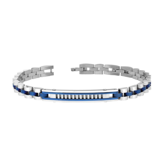 Bracciale Uomo Catena Imperniata Blu con Targa con Inserto Dentellato Satinato in ACCIAIO