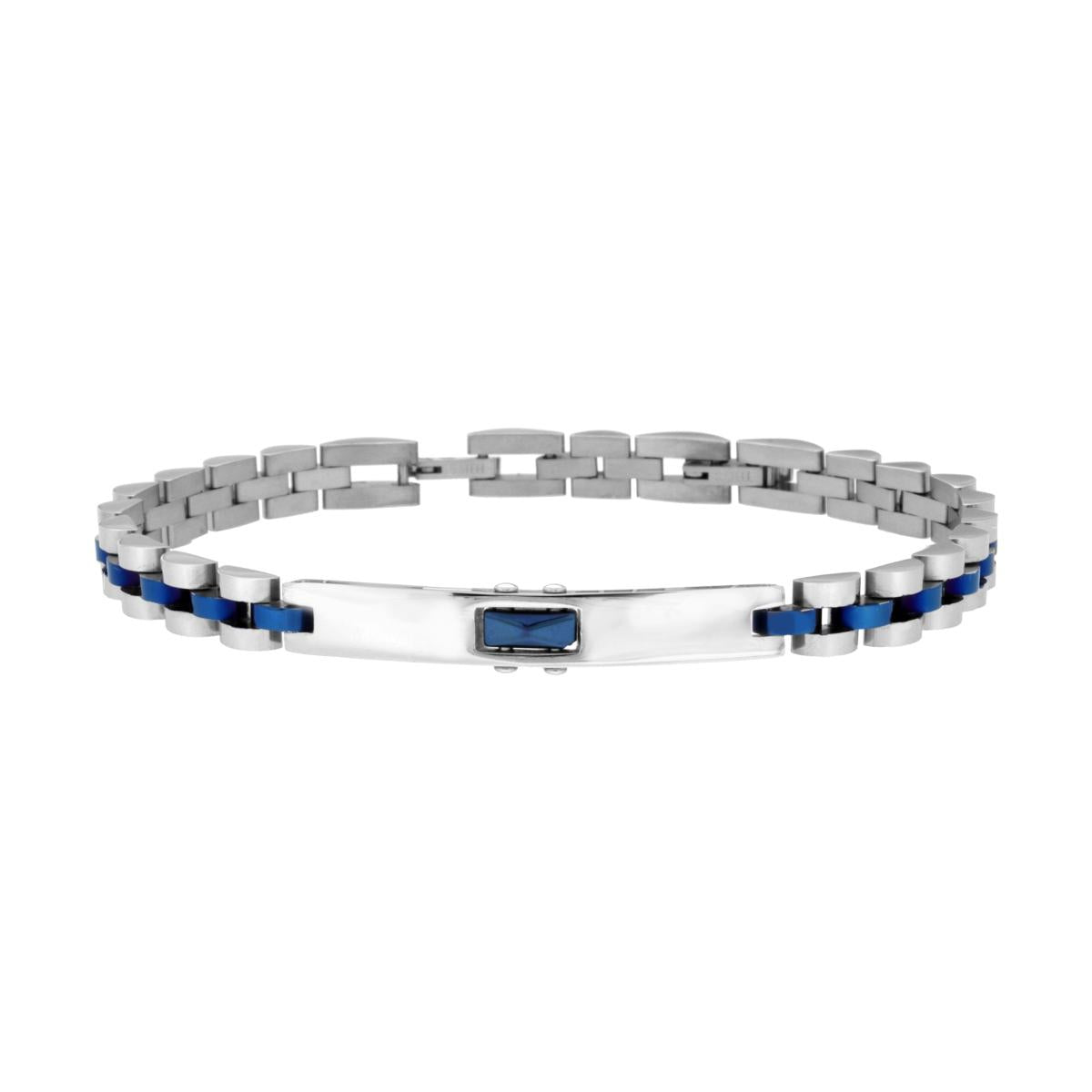Bracciale Uomo Catena Imperniata Blu con Targa e Inserto in Ceramica Blu in ACCIAIO