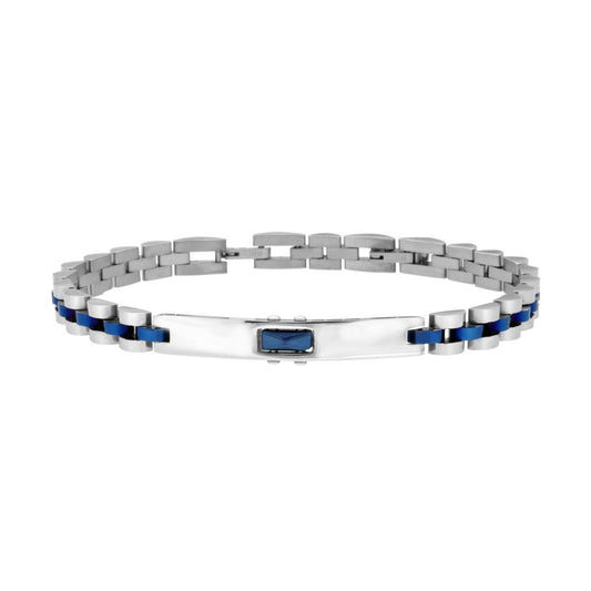 Bracciale Uomo Catena Imperniata Blu con Targa e Inserto in Ceramica Blu in ACCIAIO