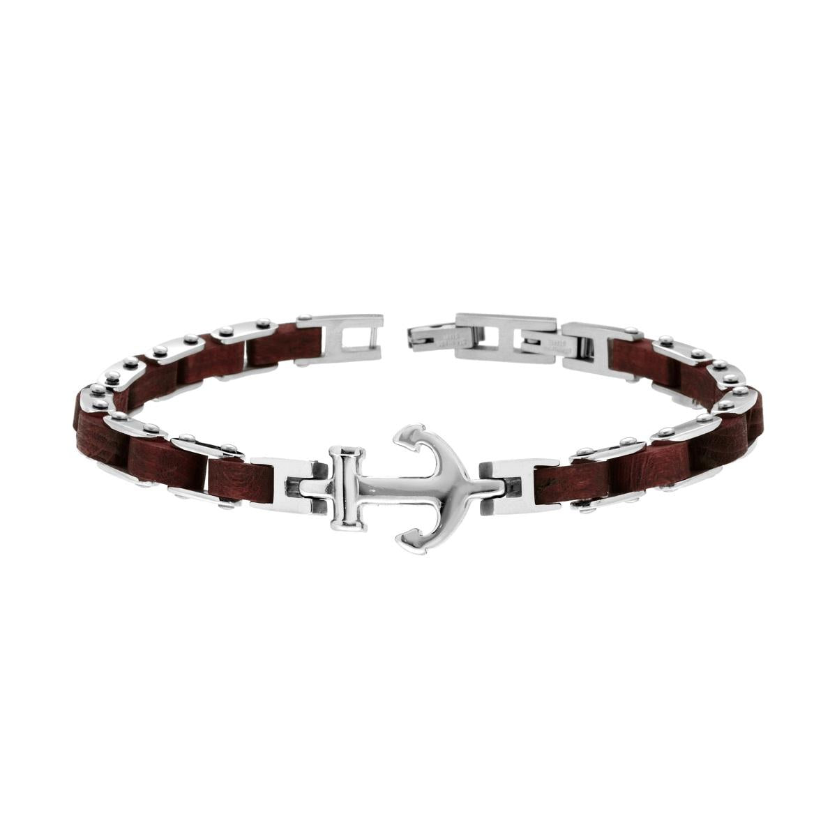 Bracciale Uomo Catena Imperniata in Legno con Ancora in ACCIAIO