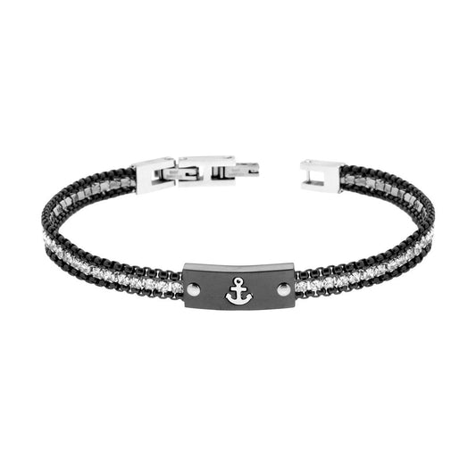 Bracciale Uomo Catena Veneziana Tonda colore Nero con Tennis Crystal Bianchi e Targa con Ancora in ACCIAIO