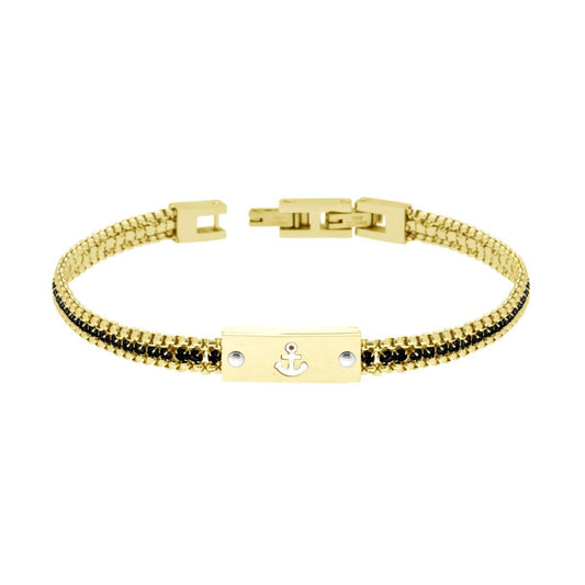 Bracciale Uomo Catena Veneziana Tonda colore Oro con Tennis Crystal Neri e Targa con Ancora in ACCIAIO