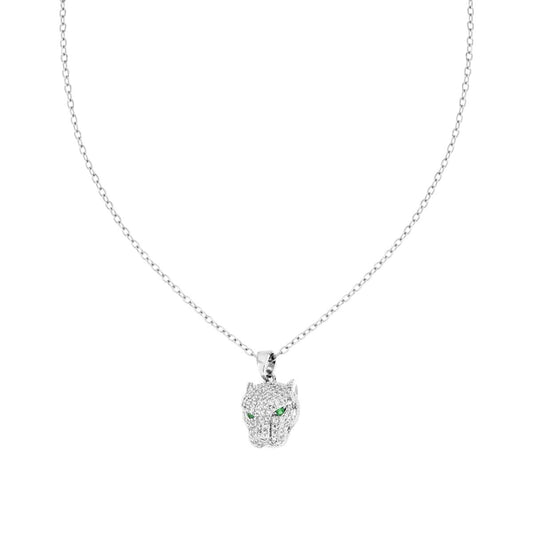 Collana Catena Forzatina Diamantata con Testa di Pantera e Crystal Bianchi e Verde Smeraldo in ACCIAIO