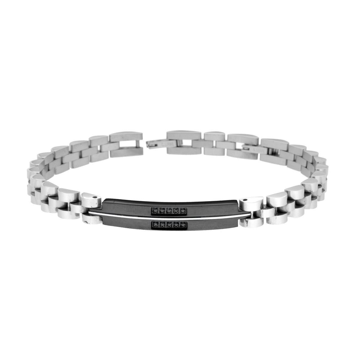 Bracciale Uomo Catena Imperniata con Targa colore Nero e Crystal Neri in ACCIAIO