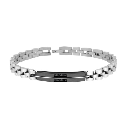 Bracciale Uomo Catena Imperniata con Targa colore Nero e Crystal Neri in ACCIAIO