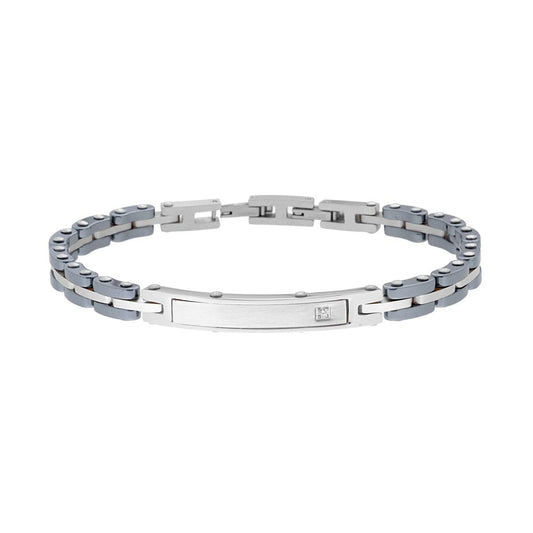 Bracciale Uomo Maglia Imperniata in Ceramica Antracite con Targa e Crystal Bianco in ACCIAIO