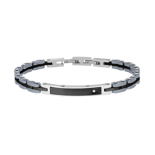 Bracciale Uomo Catena Imperniata in Ceramica Antracite con Targa colore Nero e Crystal Bianco in ACCIAIO