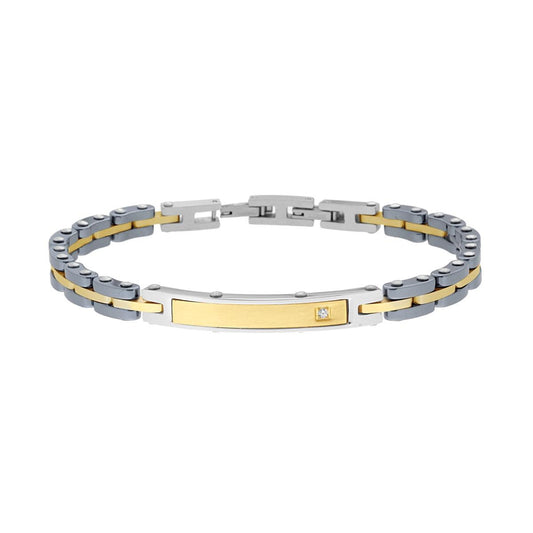 Bracciale Uomo Catena Imperniata in Ceramica Antracite con Targa colore Oro e Crystal Bianco in ACCIAIO