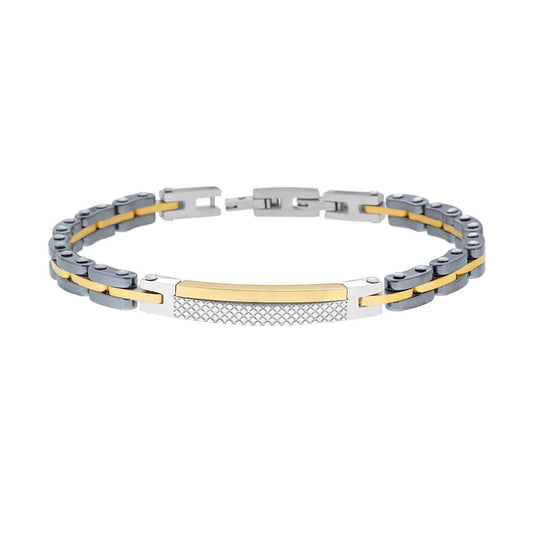 Bracciale Uomo Catena Imperniata in Ceramica Antracite e Oro con Targa in ACCIAIO
