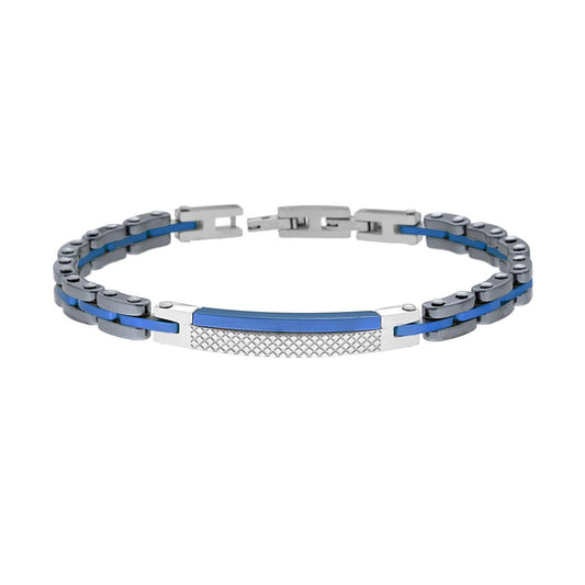 Bracciale Uomo Catena Imperniata in Ceramica Antracite e Blu con Targa in ACCIAIO
