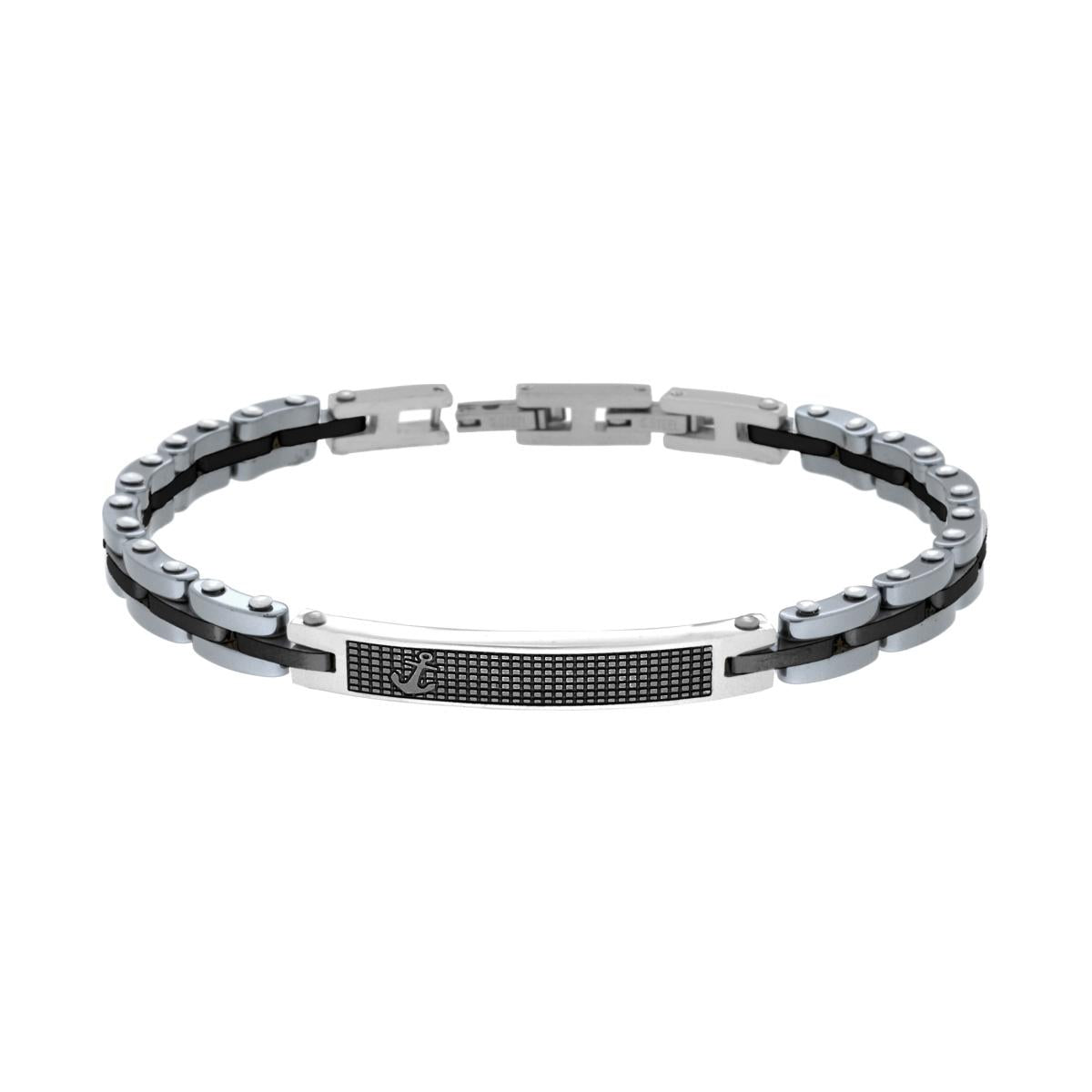 Bracciale Uomo Maglia Imperniata con Ceramica Antracite Targa Nero e Ancora in ACCIAIO