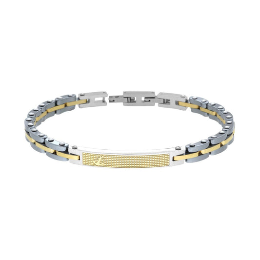 Bracciale Uomo Catena Imperniata con Ceramica Antracite Targa Oro e Ancora in ACCIAIO