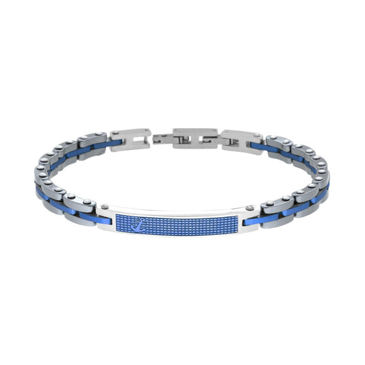 Bracciale Uomo Catena Imperniata con Ceramica Antracite Targa Blu e Ancora in ACCIAIO