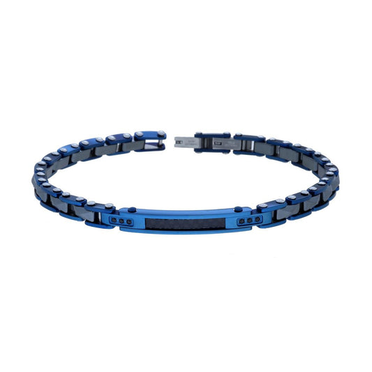 Bracciale Uomo Targa Blu Catena imperniata con Ceramica Antracite Bugnata e Crystal Neri in ACCIAIO